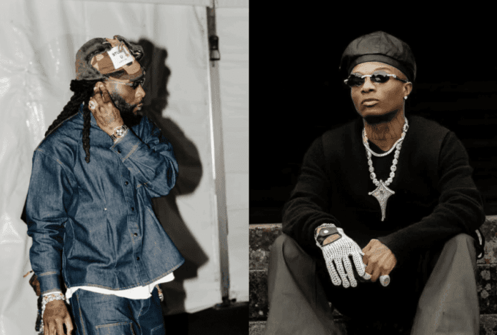 Two men are shown side by side; one sports a denim outfit and camo cap, while the other, inspired by seasonal fashion trends, wears a black outfit with glittering jewelry, gloves, and a beret, sitting on steps.