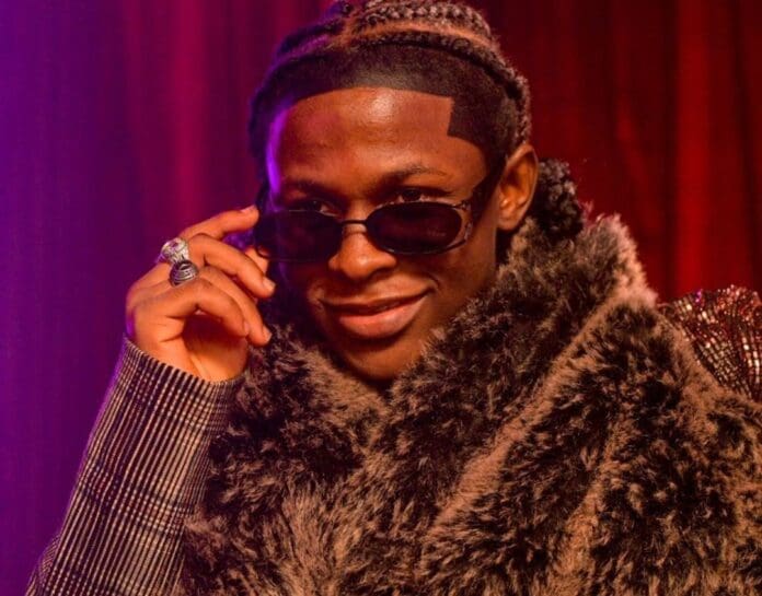 A person wearing a fur coat and sunglasses, with braided hair, holds the sunglasses with one hand and smiles against a red background—channeling Afrobeats vibes like a star on a Bullion Records career-spanning playlist.