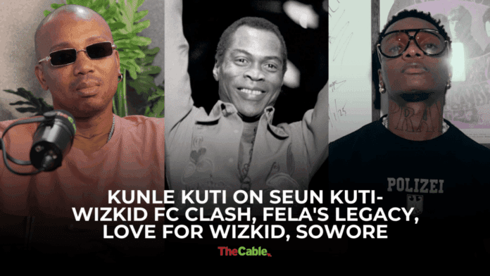 Three men stand side by side: one in sunglasses and headphones, one smiling in black and white, and one in sunglasses with a POLIZEI shirt. Text explores Fela’s legacy through Kunle Kuti and the Seun-Wizkid FC clash.