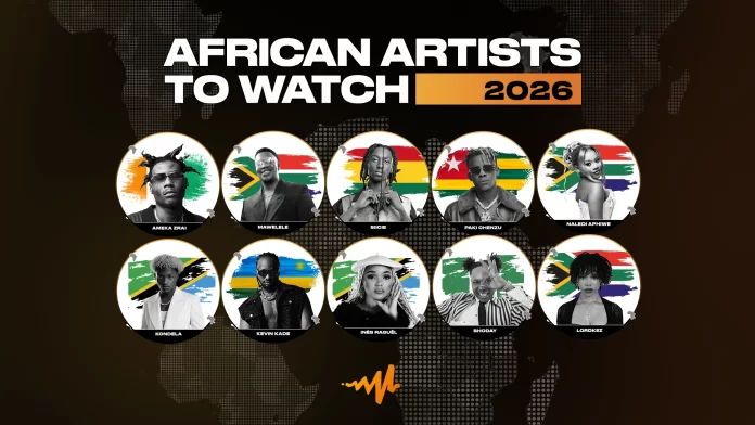 A grid of ten African artists with their names and national flags under the heading "African Artists to Watch 2026" on a world map background, highlighting rising Audiomack talents.