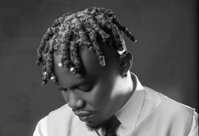 Black and white portrait of a man with twisted, beaded hair, exuding resilience as he looks downward in a collared shirt and tie—an image reminiscent of Afro-Pop icons, set against a plain background.