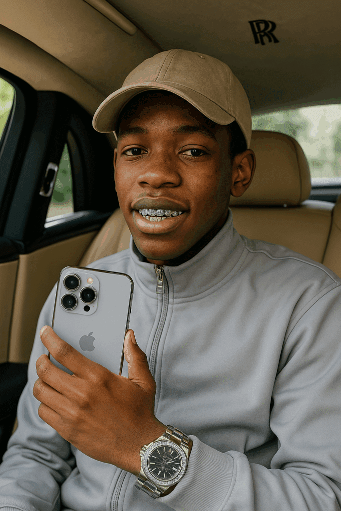 A young man wearing a beige cap and grey jacket sits in a car, holding an iPhone and smiling, with a watch on his wrist—enjoying some Amapiano beats from the Eastern Cape.