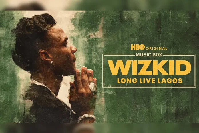 A profile of a man with hands clasped, next to text reading "HBO Original Music Box: Wizkid Long Live Lagos" on a green background, celebrating Afrobeats and Wizkid's impact on the global industry.