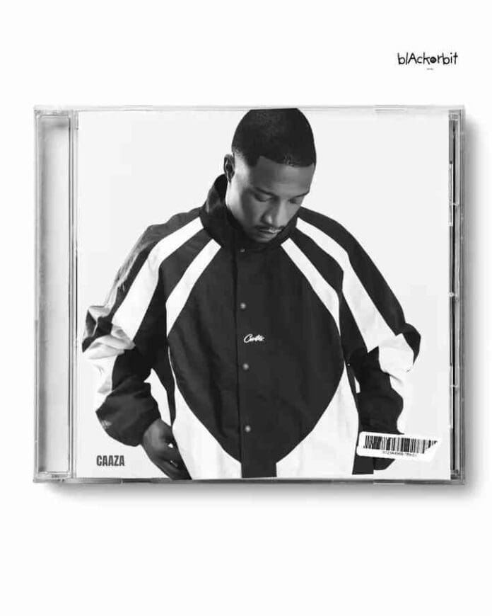 A man in a black and white jacket looks down on the cover of a CAAZA Album CD case; "CAAZA," Nandipha808, and a barcode are visible on the front.