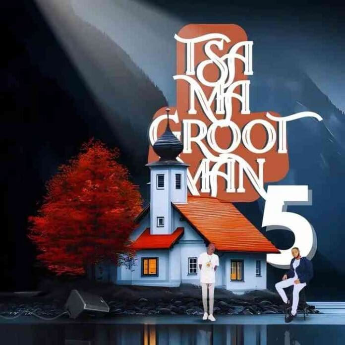 Two people stand in front of a small church with a red roof and a red tree, with large text reading "Tsa Ma Grootman Vol.5 Mix" in the background.