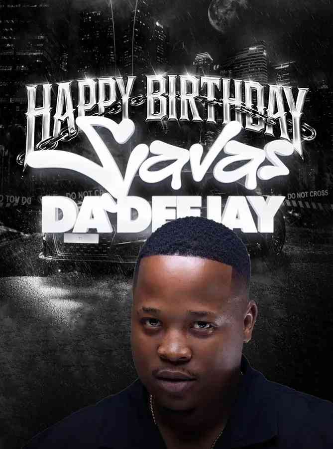 A man stands in the foreground with a bold "Happy Birthday Savas Da Deejay" graphic and dark cityscape backdrop, celebrating with SjavasDaDeejay's Birthday Mix from Exclusiv Friday Vol 5.