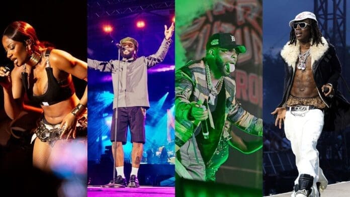 Four African artists perform on stage in different outfits, each holding a microphone and engaging with the audience under stage lighting as they share their music and native languages.