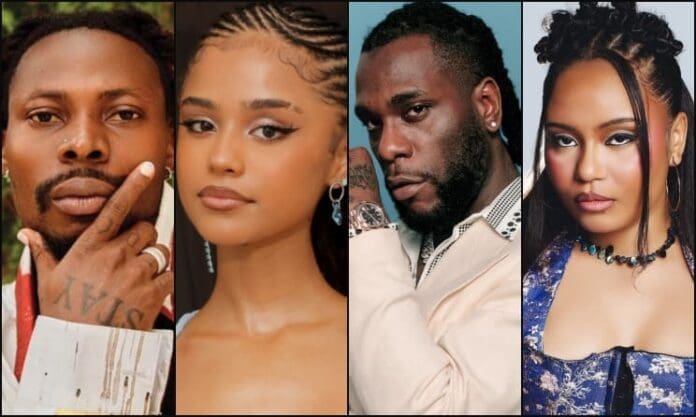 A collage of four MTV Video Music Awards 2025 nominees facing forward, each with different hairstyles and outfits, set against plain backgrounds.