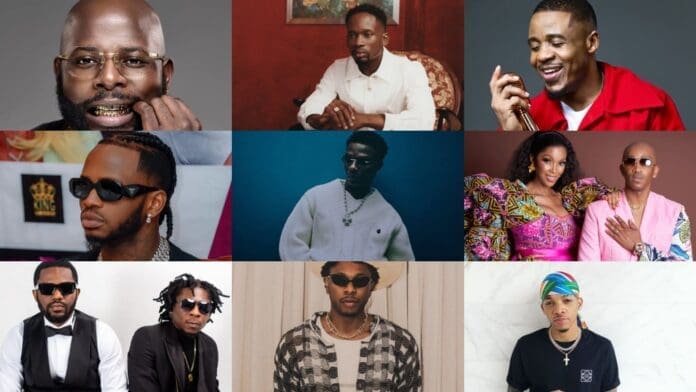 A collage of nine stylishly dressed individuals, including both men and women, posing against various backdrops, captures a vibrant energy reminiscent of Classic African Songs featured on Afrocritik.