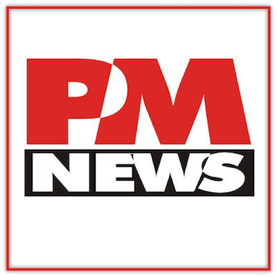 Logo for PM News with bold red "PM" letters above black and white "NEWS" text, all enclosed in a thin red-bordered square—a modern look perfect for news on icons like Burna Boy or trends in African music.
