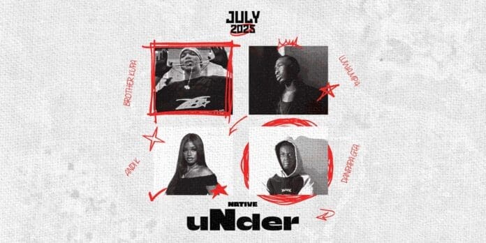 A collage features four individuals—Brother Kumor, Luana PMA, Andy L, and DanDara Faya—under the heading "July 2023" and the title "Native Under," highlighting Best New Artists as seen in NativeMag.