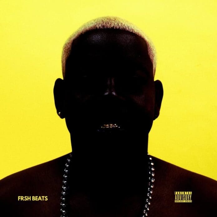A person with platinum blonde hair and a chain necklace stands against a bright yellow background; their face is mostly in shadow. Text reads "FRSH BEATS," with a parental advisory label, hinting at the style of SSG’98’s debut album.