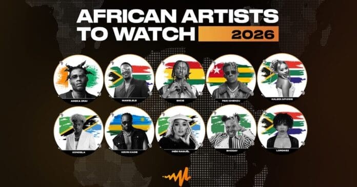 A graphic titled "African Artists to Watch 2026" featuring portraits of ten musicians with various African country flags as backgrounds, spotlighting rising stars celebrated on Audiomack.