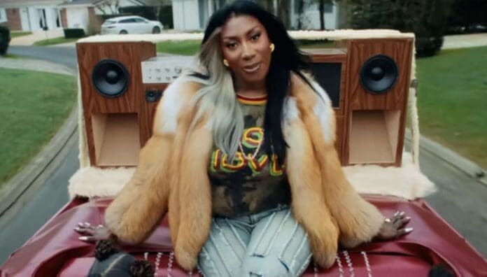 A woman with long black and white hair sits on the hood of a red car with large speakers, her fur coat and ripped jeans channeling must-listen African music vibes in a lively suburban neighborhood scene.