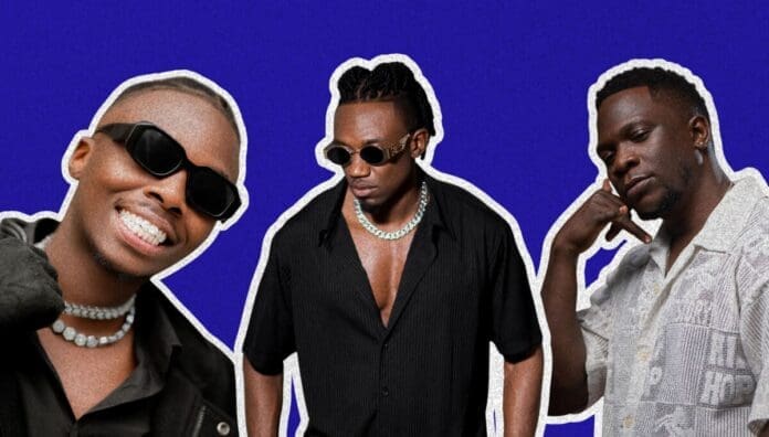 Three men wearing sunglasses and casual shirts pose against a solid blue background, exuding the vibrant style often seen in Malawi’s Afrobeats scene.