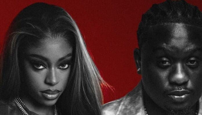 A woman and a man pose against a solid red background, both looking directly at the camera with serious expressions—a striking portrait reminiscent of visuals seen in OkayAfrica’s features on new African songs and African music.