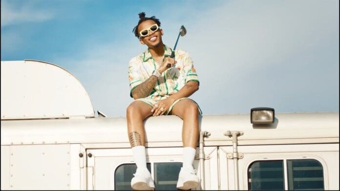 A person wearing sunglasses and patterned clothing sits on top of a white vehicle, holding a small golf club and smiling against a blue sky in this vibrant scene from Tekno’s Official Music Video “Peace of Mind.”.