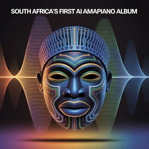 A digital illustration of a stylized African mask with circuit-like patterns, colorful sound waves in the background, and the text "South Africa's First AI-Generated Amapiano Album" above—a fresh December hit song from South Africa.