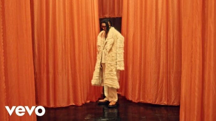 A person wearing a long, white fur coat stands between tall orange curtains on a black floor. The Vevo logo is visible in the bottom left corner, suggesting this could be a scene from Kizz Daniel's "Lost.