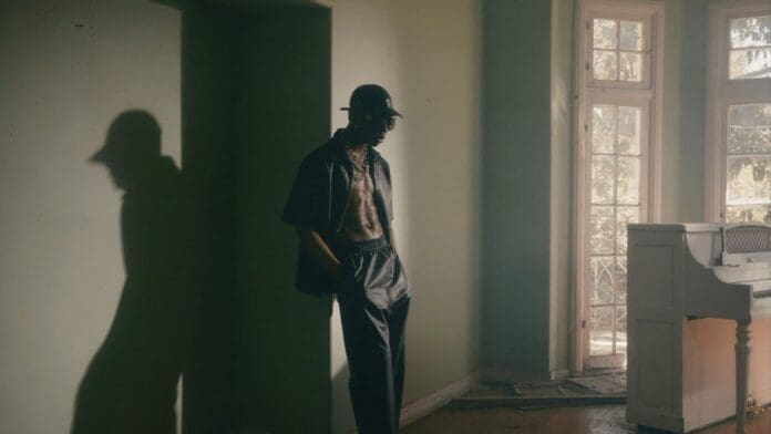 A shirtless man in dark pants and a cap stands in a sunlit room beside a white piano, casting a shadow on the green wall, evoking the moody vibe of Rema’s Soundgasm Official Music Video.