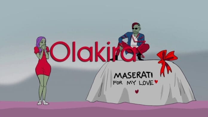 An animated figure presents a covered car labeled "Maserati for my love" with a red bow to another figure, as "Olakira" and "In My Maserati Visualizer" appear in the background.