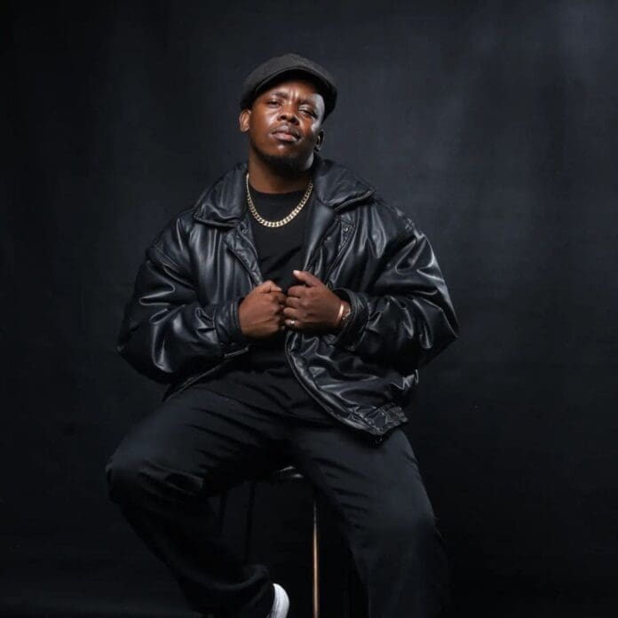 A man wearing a black leather jacket, black pants, and a black flat cap sits on a stool against a dark background, evoking the soulful vibes of amapiano.