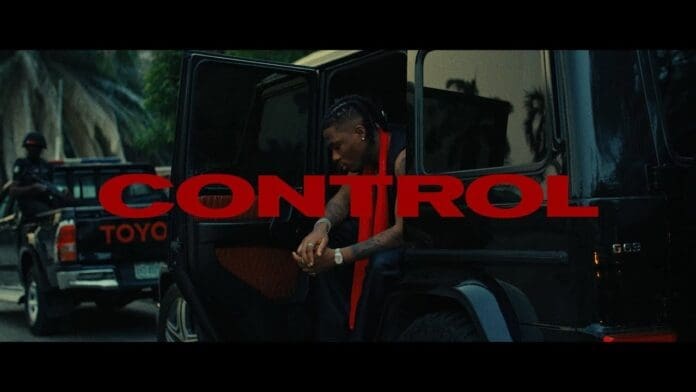 A person sits on the edge of an open car door of a black SUV, while another stands by a parked pickup truck in the background. The word "CONTROL" is overlaid in large red letters, hinting at a new track featuring Joeboy or Bella Shmurda.
