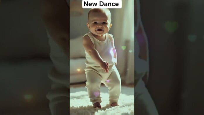 A baby in white clothes stands on a soft carpet, smiling, with the caption "Trending Amapiano 2025" at the top.
