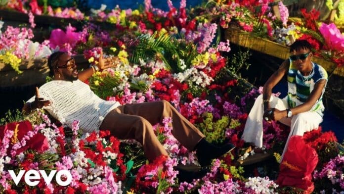 Two people relax on wooden boats surrounded by vibrant, colorful flowers on water; the scene radiates calm energy, reminiscent of the carefree vibes in Adekunle Gold's "Party No Dey Stop" featuring Zinoleesky.