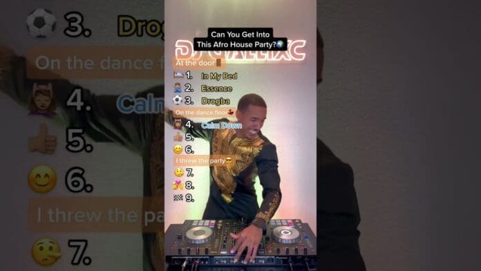 A DJ in a patterned shirt is mixing music at a DJ controller. A list of Top Hits and emojis lights up the screen with the question, "Can you get into this Afro House party?".