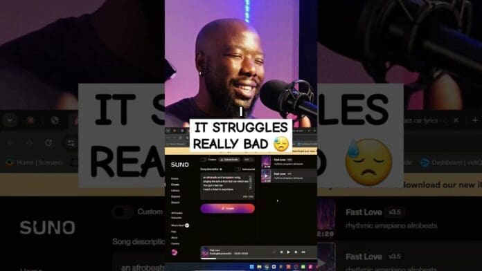 A man with headphones speaks into a microphone, discussing SUNO AI. The caption reads "IT STRUGGLES REALLY BAD" with a sad face emoji. Computer screens glow in the background.