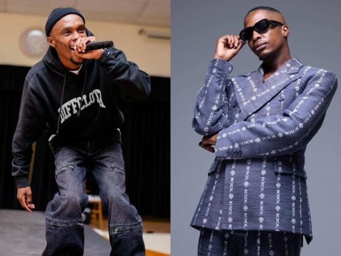 Split image: On the left, a person in casual clothes and a beanie holds a microphone, channeling Amapiano vibes on stage. On the right, someone in a patterned suit and sunglasses poses coolly—think Pirates vs Sundowns style energy.