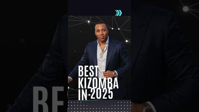 A man in a dark suit poses against a black background with white geometric lines. Text reads "Best Kizomba & Zouk in 2025.