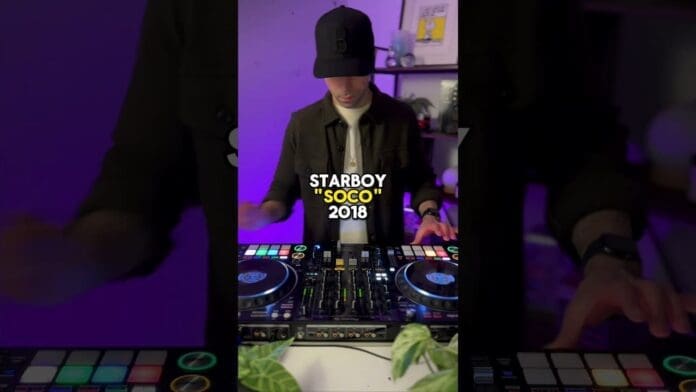 A person wearing a black cap and jacket stands at a DJ controller with colorful lights; “STARBOY 'SOCO' 2018” is displayed in the center, highlighting AFROBEATS vibes and an electrifying playlist of songs.