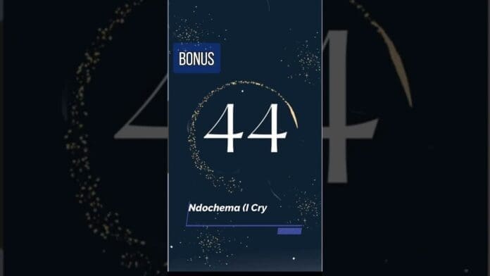 Dark graphic featuring the number 44 in white, "BONUS" in a blue box, and "Ndochema II Cry" below, decorated with scattered gold specks—perfect for fans of Top Afro Beats Songs and Top 20 Charts.
