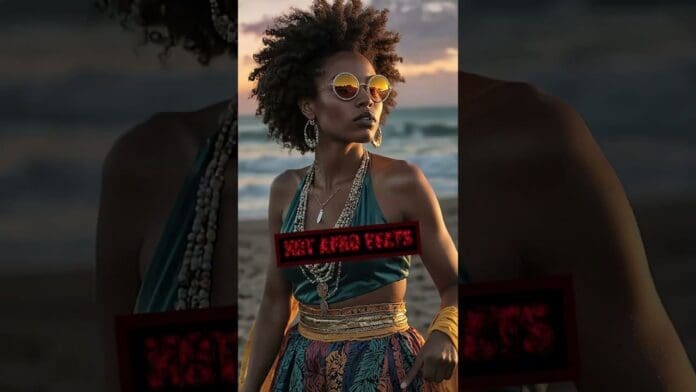 A woman with an afro hairstyle stands on a beach at sunset, wearing round sunglasses, layered necklaces, and a patterned skirt. Text reads "HOT AFRO BEATS: Afro House Remixes of popular songs.