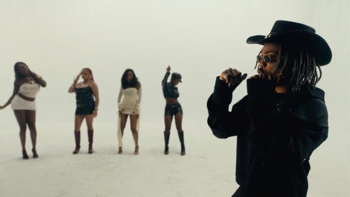 A person in dark clothing and sunglasses sings into a microphone while four women pose and dance in the background on a white set, capturing the vibrant energy of CKay's Official Music Video.