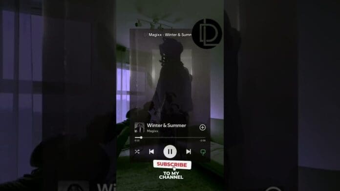 A silhouette of a person stands in a dimly lit room with a Spotify music player overlay displaying "Winter & Summer" by Magixx, an Afrobeats sensation among Nigerian artistes, and a "Subscribe to my channel" button below.