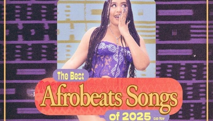A woman in a blue lace outfit poses in front of a patterned background with text that reads, "OkayAfrica Mid-Year Music Roundup: The Best Afrobeats Songs of 2025 so far.