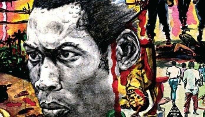 A painting features a large, serious male face in the foreground, evoking Fela Kuti. Chaotic, colorful scenes of people and turmoil in the background suggest a powerful musical rebellion against colonial mentality.