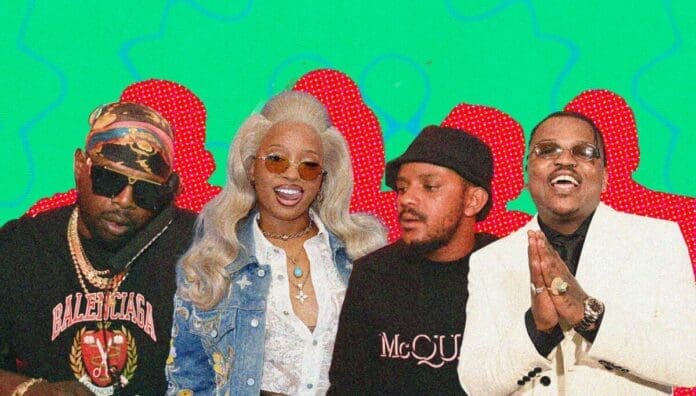 Four people stand side by side against a colorful, graphic background. Dressed in fashionable outfits and accessories, they channel the vibrant energy of Amapiano—a South African sound celebrated by OkayAfrica—while posing confidently for the camera.