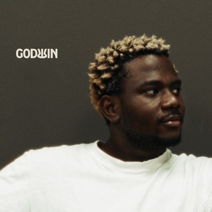 A man with short, curly blond-tipped hair and a beard wears a white shirt and looks to his right. The word "GODWIN" is displayed on the left, echoing thenigerianvoice’s vibrant style.