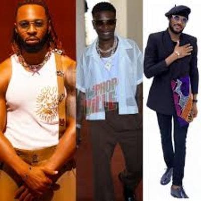 Three men pose separately in distinct fashionable outfits—one in a tank top, one in a casual shirt, and one channeling Wizkid vibes with a beret and patterned pants worthy of the Billboard Afrobeats Songs chart.