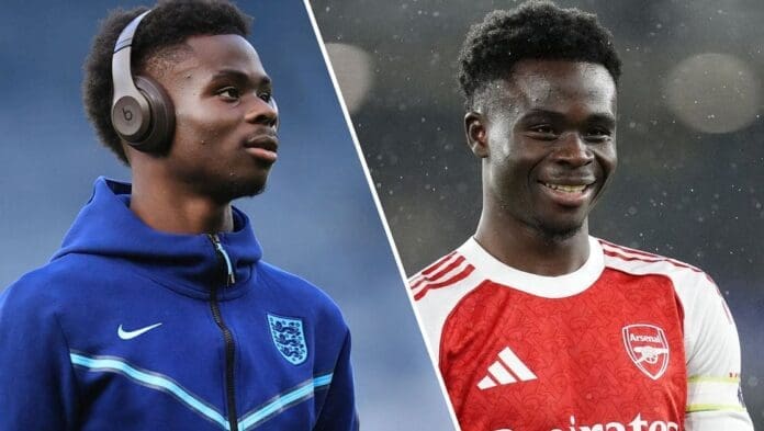 Split image showing Bukayo Saka, featured by Pulse Sports Nigeria, in an England tracksuit with headphones on the left and in an Arsenal jersey smiling on the right, possibly listening to his favorite Afrobeats song.