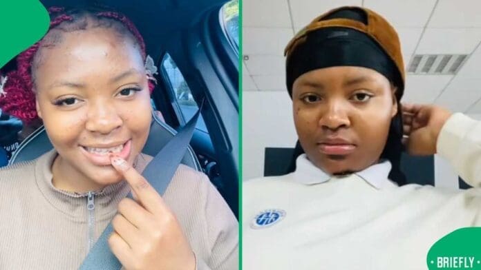 Split image of a young woman; left side shows her smiling in a Chinese taxi, pointing at her teeth, while the right side shows her indoors in Sosha, adjusting her headwear with a neutral expression.