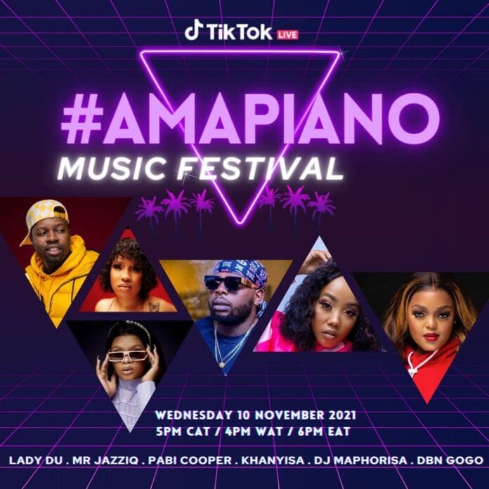 Promotional poster for #Amapiano Music Festival featuring six artists, DJ Maphorisa, event details, and a neon purple 1980s-inspired design. Catch the excitement on TikTok LIVE! Event date: Wednesday, 10 November 2021.