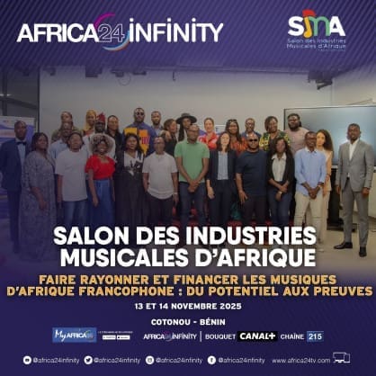 Group of people posing for a photo at the Salon des Industries Musicales d'Afrique (SIMA2025) event, with details on the Francophone African Music Industry and Africa24 TV as sponsors shown in French text.