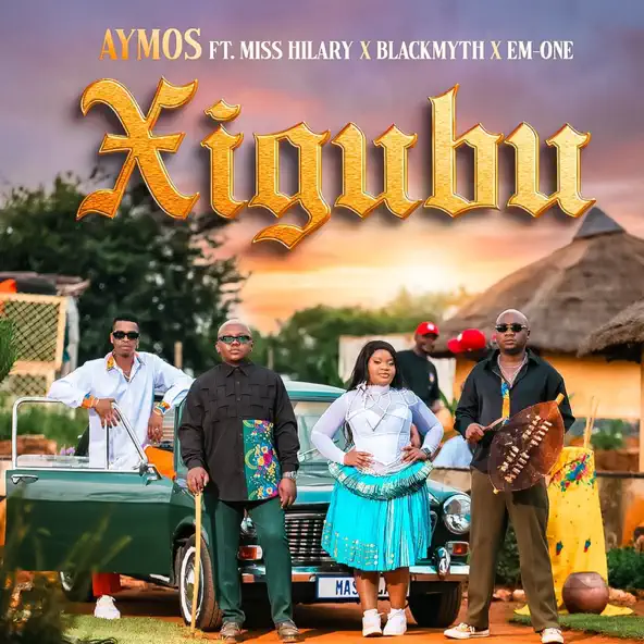 Four people stand in front of a green vintage car, wearing colorful outfits, with thatched huts and trees behind them. "Xigubu" and Aymos's name appear at the top in bold golden text.