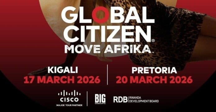 Global Citizen Move Afrika 2026 event dates: Kigali, Rwanda, 17 March; Pretoria, 20 March. Logos of Cisco, Big Concerts, Rwanda Development Board are shown. Featuring performances by Doja Cat.