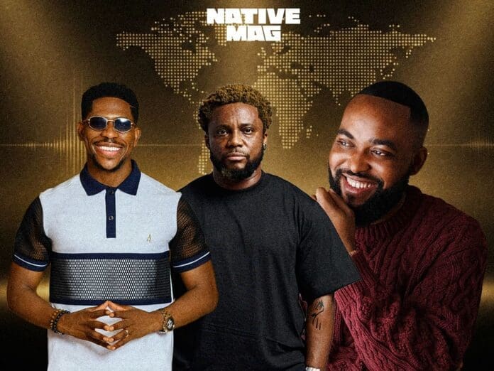 Three men stand in front of a world map graphic with "Native Mag" overhead, highlighting African Gospel Music; one wears sunglasses, one wears a black shirt, and one in a maroon sweater smiles brightly.
